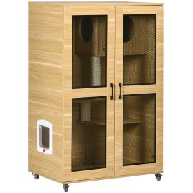 PawHut Cat House with Cat Tree, Kitty Cage with Scratching Posts Condo Cat Enclosure Lockable Wheels, Oak