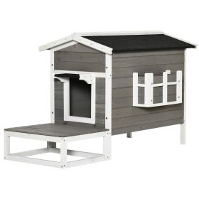 PawHut Cat House Feral Cat Shelter, Outdoor Kitten Condo with Escape Door, Porch & Flower Stand for Indoor Outdoor, Dark Grey/White