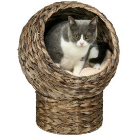 PawHut 20" Natural Braided Elevated Cat Bed, Cat Basket Kitten House Chair Sofa With Cushion, Dark Brown