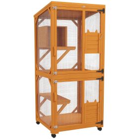 PawHut Wooden Cat House for 1-3 Cats Catio Enclosure on Wheels Easy to Move Orange