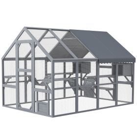 PawHut Outdoor Cat Enclosure with Condos, Canopy, Suspension Bridges, Platforms & Multiple Doors for 3-6 Cats, Gray