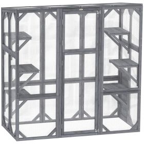 PawHut Large Wooden Catio Outdoor with 6 Jumping Platforms, Sunshine Panel Roof, for 1-3 Cats, 59" x 28" x 60", Gray