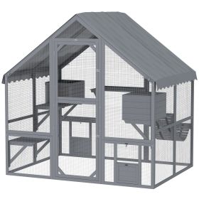 PawHut Wooden Catio Outdoor Cat Enclosure with Waterproof Cover, 2 Condos, 4 Platforms, Bridge, Doors, for Multiple Cats, Gray
