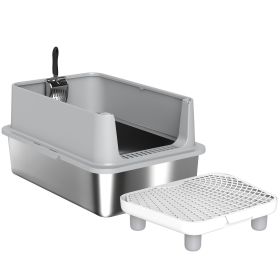 PawHut Extra Large Stainless Steel Cat Litter Box with Scoop & Pad, Anti-Urine Leakage, Easy Cleaning, Non-Sticky
