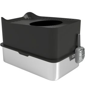 PawHut Extra Large Stainless Steel Litter Box, Enclosed Cat Litter Box with Scoop, Top Entrance, Non-slip Pads, Black