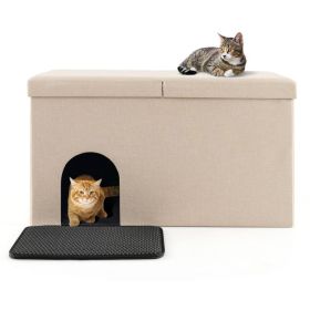 Cat Litter Box Enclosure Hidden Furniture with Urine Proof Litter Mat (Color: Beige)